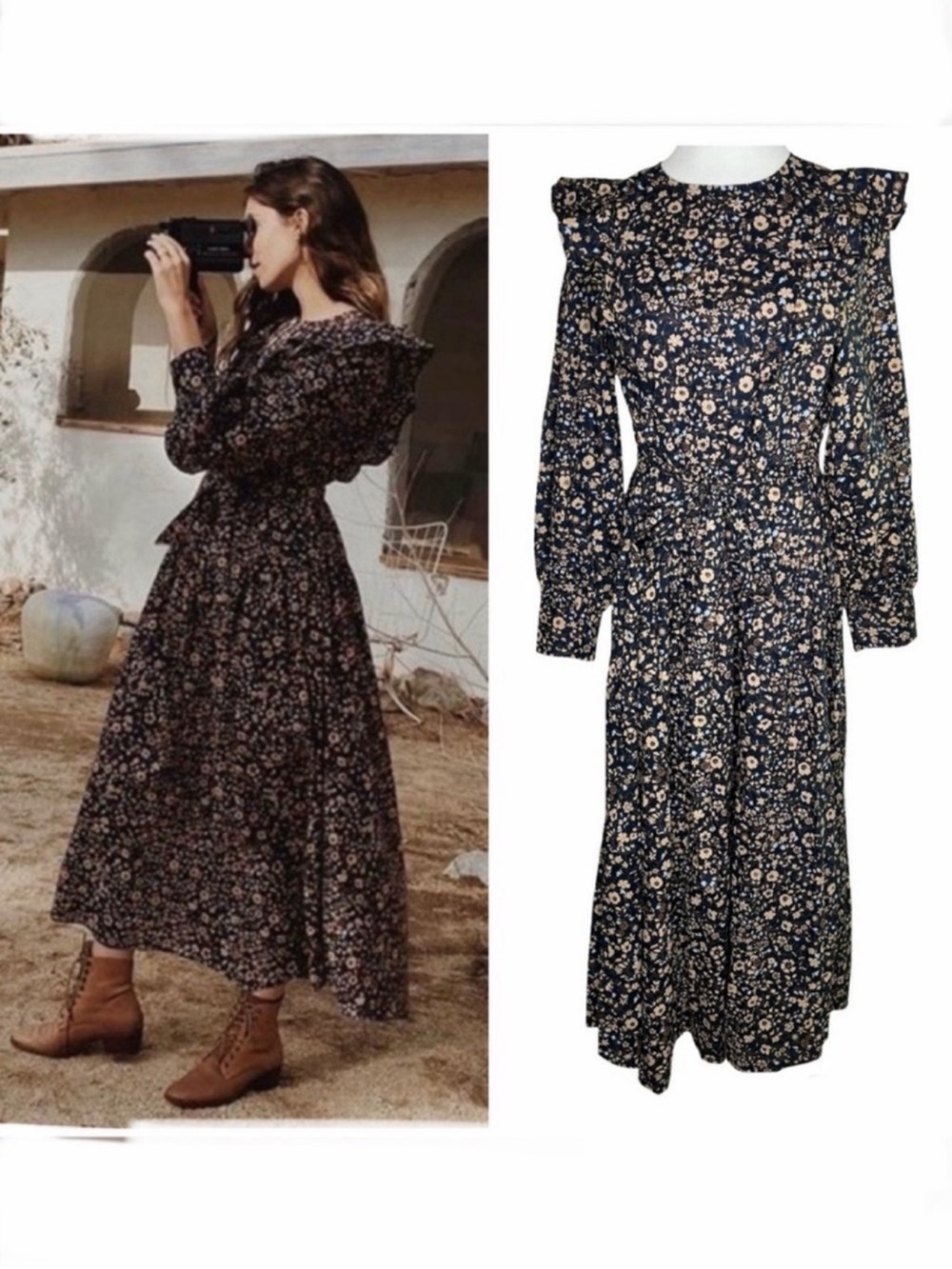 Christy Dawn Beau Midi Dress Size Large Navy Anemone Vine Calico Modest Prairie